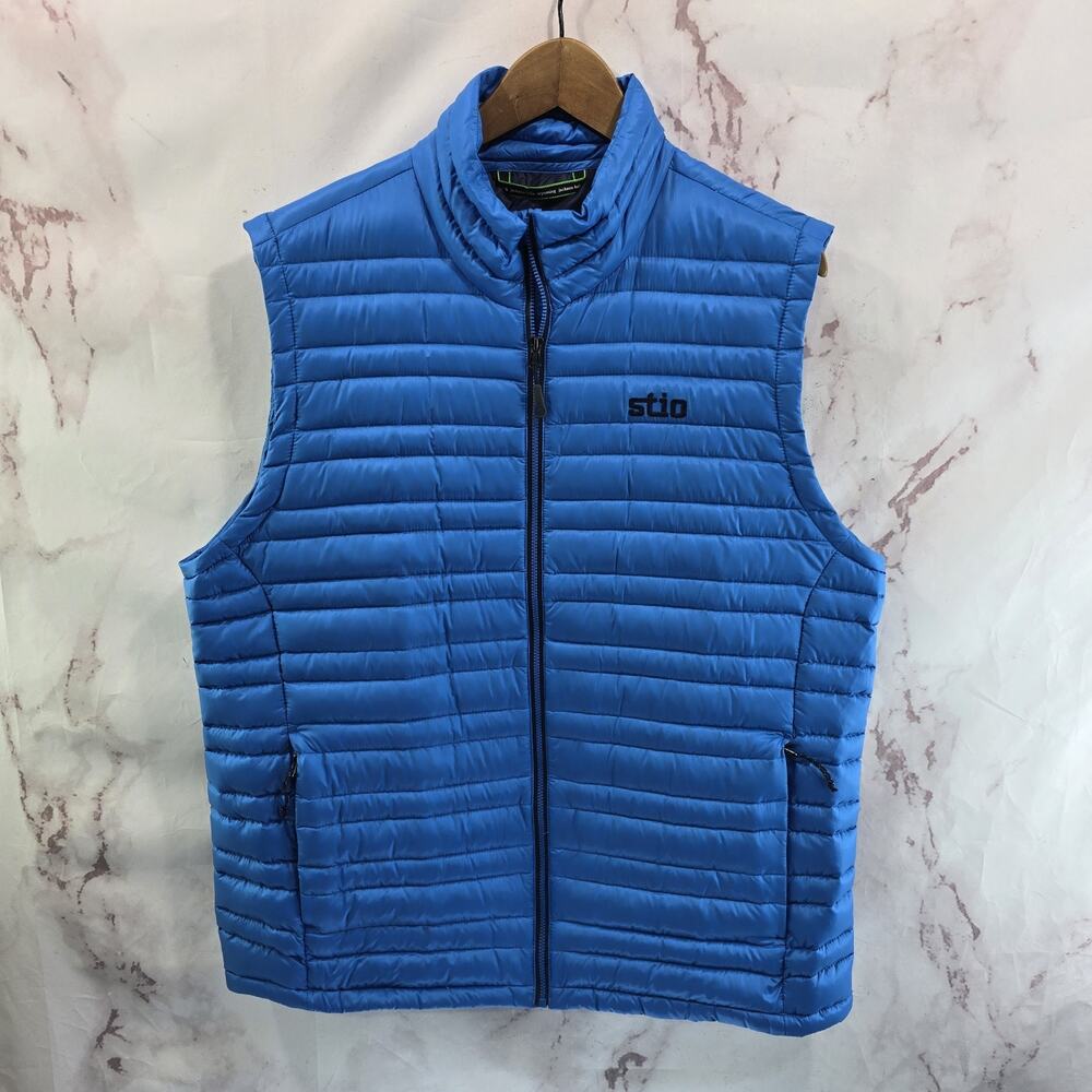 Stio Vest Mens Large Blue Puffer Goose Down Zip Puffy Quilted Pinion Pertex 800